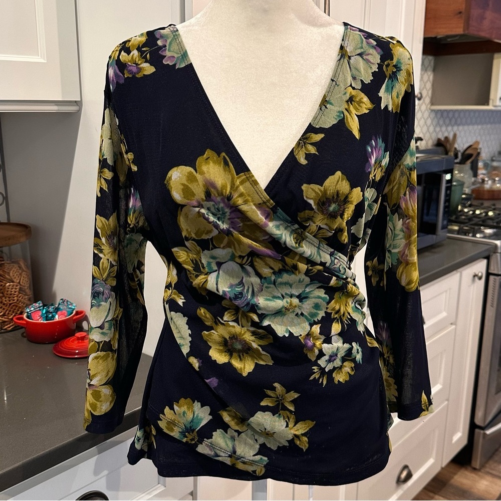 Vintage Y2K Navy Blue Floral Deep V-Neck Surplice Top L Ruched Fairy Whimsical